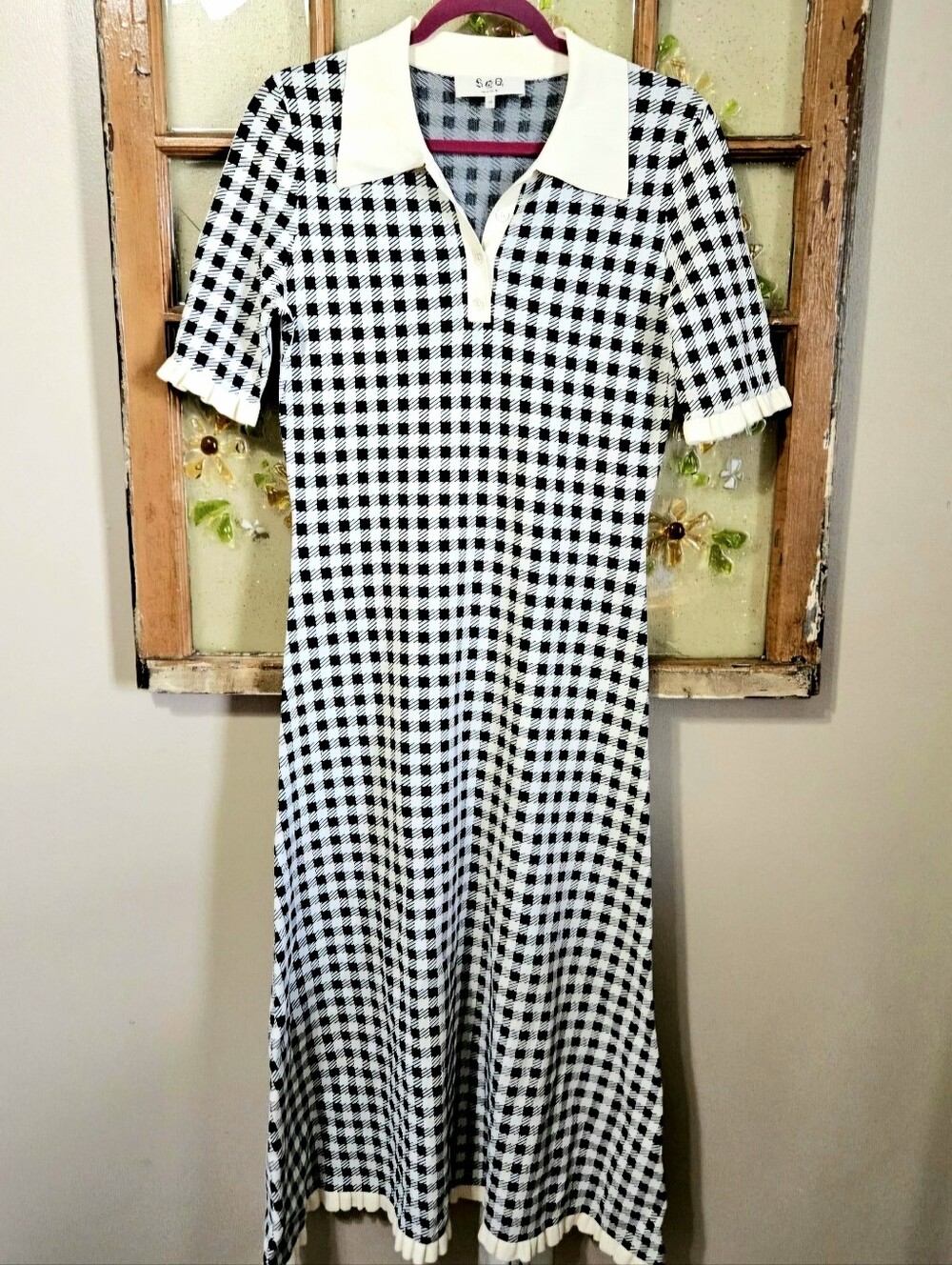 Sea NY Saige Gingham Checked Jacquard Knit Polo Midi Dress Black White
